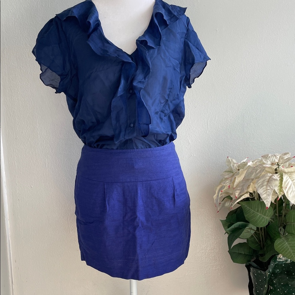 Chiffon Ruffle Navy Blouse with Royal Blue Skirt Set